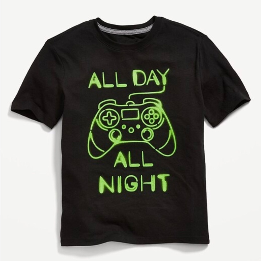Old Navy Black Tee with Neon Green Controller Graphic